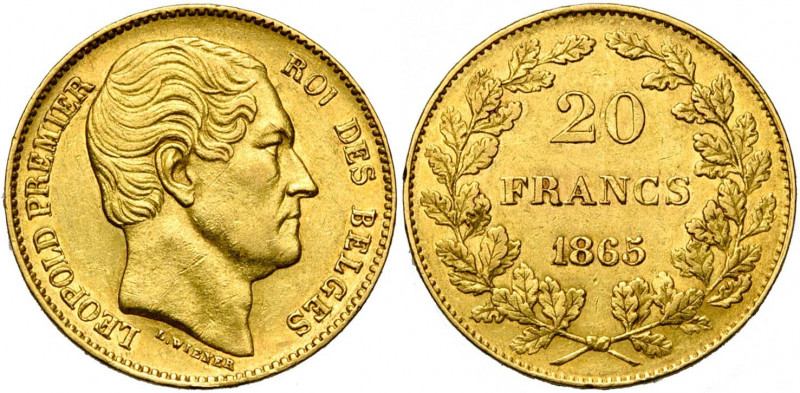 BELGIQUE, Royaume, Léopold Ier (1831-1865), AV 20 francs, 1865. Pos. B, L.WIENER...