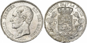 BELGIQUE, Royaume, Léopold Ier (1831-1865), AR 5 francs, 1850. Sans point au-dessus de la date. Bogaert 460A. Fines griffes et petites taches.
Superb...