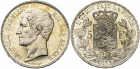 BELGIQUE, Royaume, Léopold Ier (1831-1865), AR 5 francs, 1851. Sans point au-dessus de la date. Bogaert 513A. Fines griffes et petites taches. Avec br...