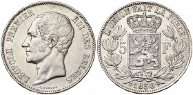 BELGIQUE, Royaume, Léopold Ier (1831-1865), AR 5 francs, 1858. Dupriez 600. Nettoyé.
Très Beau à Superbe (Very Fine - Extremely Fine)