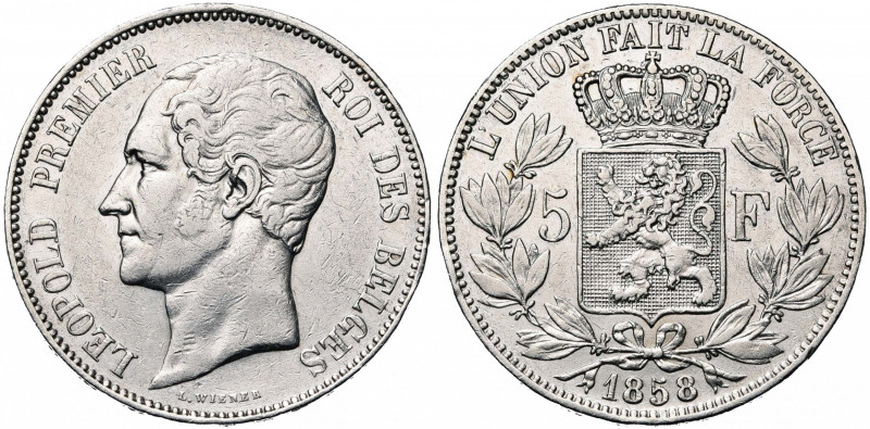 BELGIQUE, Royaume, Léopold Ier (1831-1865), AR 5 francs, 1858. Dupriez 600. Nett...