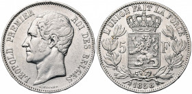 BELGIQUE, Royaume, Léopold Ier (1831-1865), AR 5 francs, 1858. Dupriez 600. Nettoyé.
Très Beau (Very Fine)