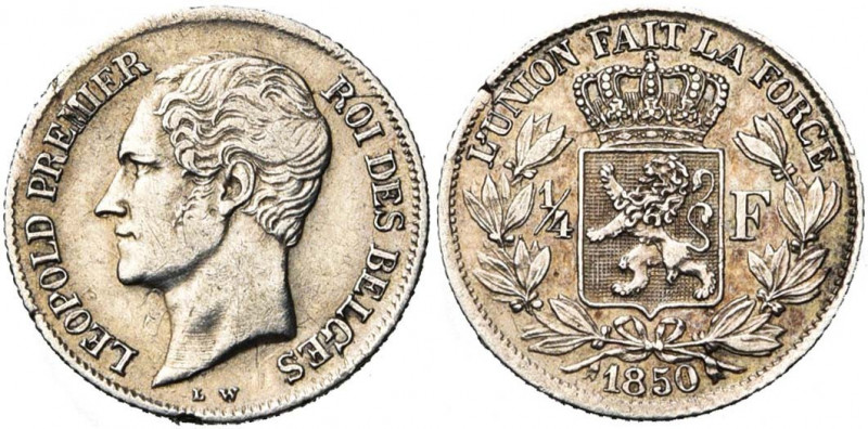 BELGIQUE, Royaume, Léopold Ier (1831-1865), AR 1/4 de franc, 1850. L W sans poin...