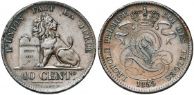 BELGIQUE, Royaume, Léopold Ier (1831-1865), Cu 10 centimes, 1855. Dupriez 563. Rare Coups sur la tranche.
Très Beau (Very Fine)