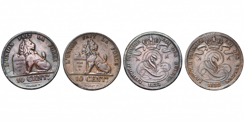 BELGIQUE, Royaume, Léopold Ier (1831-1865), lot de 2 p. de 10 centimes: 1832 (av...