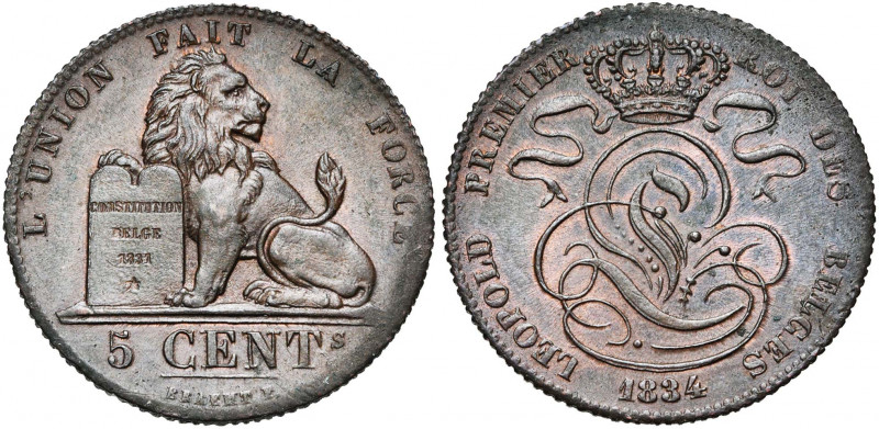 BELGIQUE, Royaume, Léopold Ier (1831-1865), Cu 5 centimes, 1834. BRAEMT F. avec ...