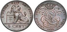 BELGIQUE, Royaume, Léopold Ier (1831-1865), Cu 5 centimes, 1834. BRAEMT F. avec point. Dupriez 104.
Très Beau (Very Fine)