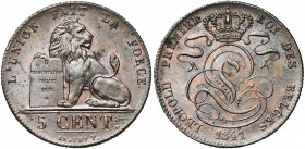 BELGIQUE, Royaume, Léopold Ier (1831-1865), Cu 5 centimes, 1841. BRAEMT F. avec point. Dupriez 183. Petites taches.
Superbe (Extremely Fine)
