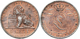 BELGIQUE, Royaume, Léopold Ier (1831-1865), Cu 5 centimes, 1847. BRAEMT F. avec point. Dupriez 349. Petites taches.
Superbe à Fleur de Coin (Extremel...