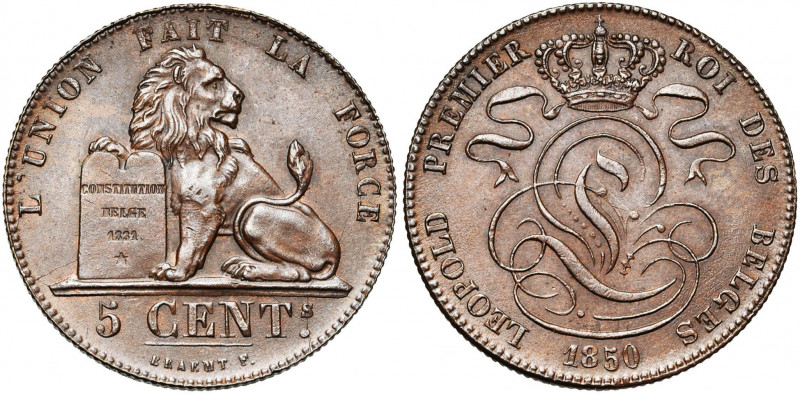 BELGIQUE, Royaume, Léopold Ier (1831-1865), Cu 5 centimes, 1850. 0 étroit. BRAEM...
