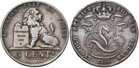 BELGIQUE, Royaume, Léopold Ier (1831-1865), Cu 5 centimes, 1855. Petite date. Bogaert 565A. Rare.
Beau à Très Beau (Fine - Very Fine)