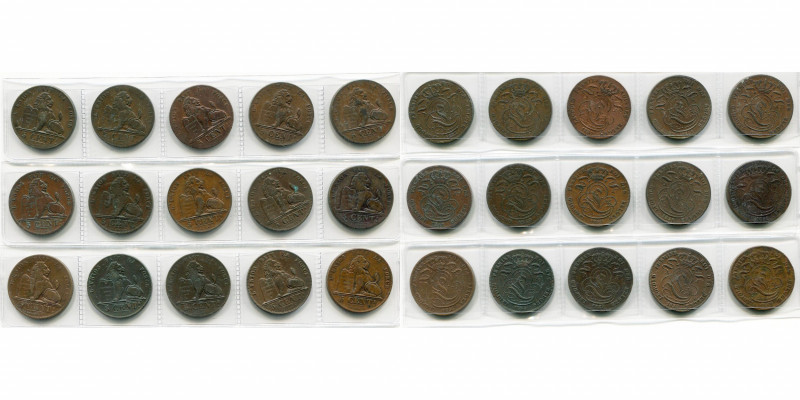 BELGIQUE, Léopold Ier (1831-1865), lot de 15 p. de 5 centimes, de 1833 à 1859, d...