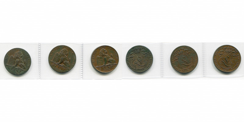 BELGIQUE, Royaume, Léopold Ier (1831-1865), lot de 3 p. de 5 centimes: 1837 (ave...