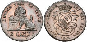 BELGIQUE, Royaume, Léopold Ier (1831-1865), Cu 2 centimes, 1842. Dupriez 198.
Superbe (Extremely Fine)
