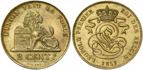 BELGIQUE, Royaume, Léopold Ier (1831-1865), 2 centimes, 1859. Essai de Braemt en laiton. Tranche cannelée. Dupriez 693. Rare.
Superbe à Fleur de Coin...