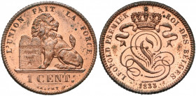 BELGIQUE, Royaume, Léopold Ier (1831-1865), Cu 1 centime, 1833 sur 1832. Dupriez 61. Petites taches.
Fleur de Coin (Uncirculated)