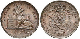 BELGIQUE, Royaume, Léopold Ier (1831-1865), Cu 1 centime, 1835 sur 1832. Surfrappé sur 1/2 cent néerlandais. Bogaert 136C. Rare Sur 1/2 cent de 1827....