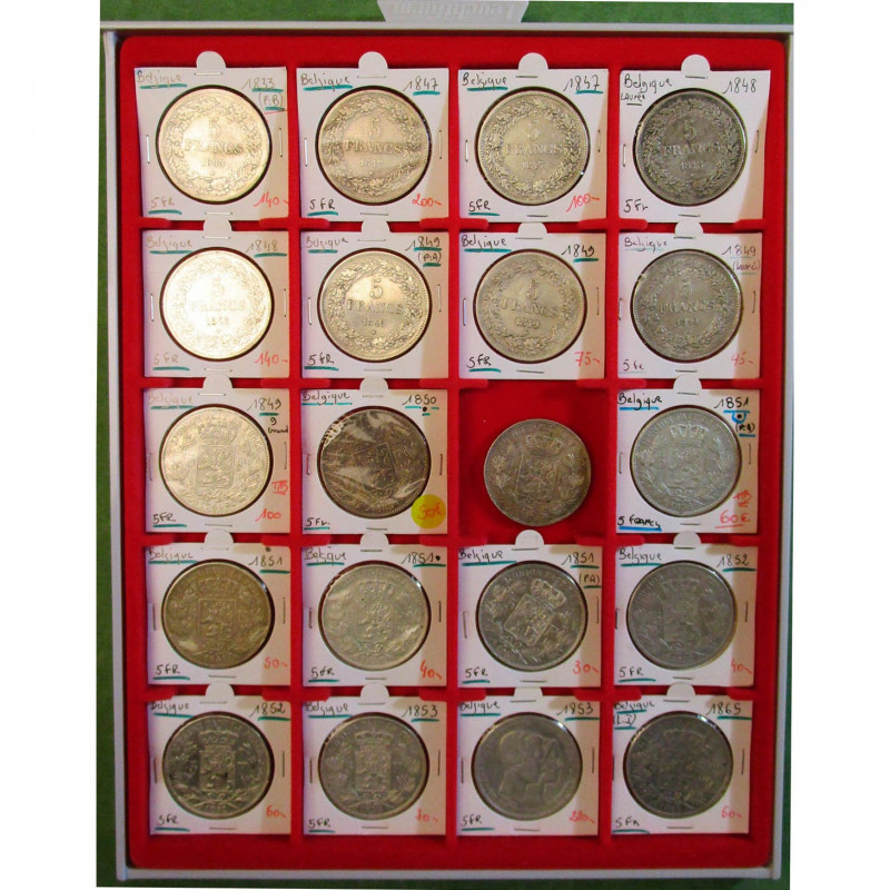 BELGIQUE, Léopold Ier (1831-1865), lot de 20 p. de 5 francs: 1833 (pos. B), 1847...
