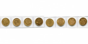 BELGIQUE, Royaume, lot de 4 p. de 20 francs: Léopold Ier, 1865 (pos. B, L.WIENER, la 1e feuille du rameau de d. sur la 2e); Léopold II, 1869 (pos. B),...