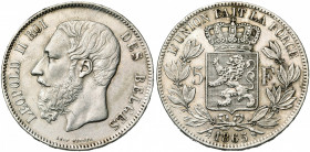 BELGIQUE, Royaume, Léopold II (1865-1909), AR 5 francs, 1865. Dupriez 968. Nettoyé.
Très Beau (Very Fine)