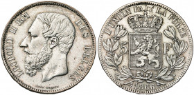 BELGIQUE, Royaume, Léopold II (1865-1909), AR 5 francs, 1866. F sans point. Bogaert 1005A. Rare Nettoyé.
Très Beau (Very Fine)