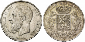 BELGIQUE, Royaume, Léopold II (1865-1909), AR 5 francs, 1866. F. avec point. Bogaert 1005B. Rare Petit coup sur la tranche.
Très Beau (Very Fine)