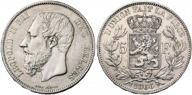 BELGIQUE, Royaume, Léopold II (1865-1909), AR 5 francs, 1866. F. avec point. Bogaert 1005B. Rare Nettoyé.
presque Très Beau (about Very Fine)