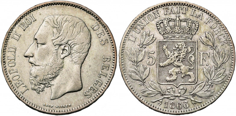 BELGIQUE, Royaume, Léopold II (1865-1909), AR 5 francs, 1866. F. avec point. Bog...
