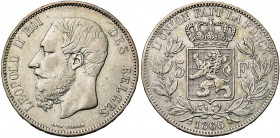BELGIQUE, Royaume, Léopold II (1865-1909), AR 5 francs, 1866. F. avec point. Bogaert 1005B. Rare.
Beau à Très Beau (Fine - Very Fine)