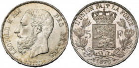 BELGIQUE, Royaume, Léopold II (1865-1909), AR 5 francs, 1870. Dupriez 1118. Petits coups.
Superbe à Fleur de Coin (Extremely Fine - Uncirculated)