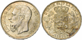 BELGIQUE, Royaume, Léopold II (1865-1909), AR 5 francs, 1871. Dupriez 1131. Petite tache.
Superbe à Fleur de Coin (Extremely Fine - Uncirculated)