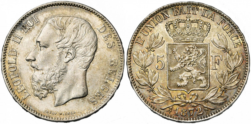 BELGIQUE, Royaume, Léopold II (1865-1909), AR 5 francs, 1872. Dupriez 1137.
Sup...