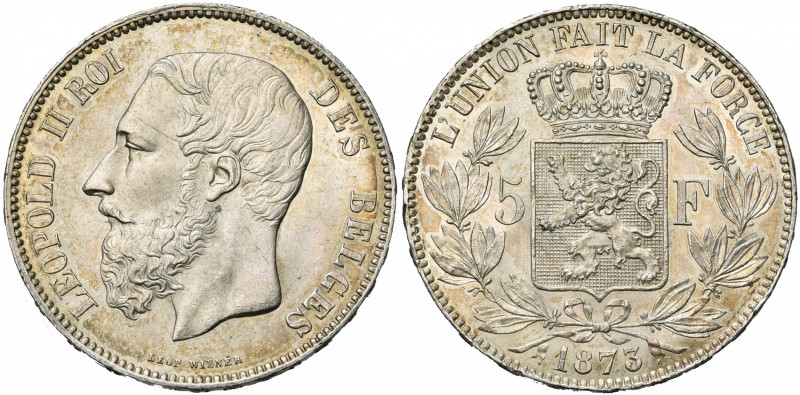 BELGIQUE, Royaume, Léopold II (1865-1909), AR 5 francs, 1873. Grand PROTEGE. Bog...