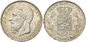BELGIQUE, Royaume, Léopold II (1865-1909), AR 5 francs, 1873. Grand PROTEGE. Bogaert 1168B. Petits coups.
Superbe à Fleur de Coin (Extremely Fine - U...