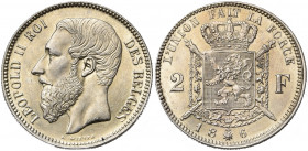 BELGIQUE, Royaume, Léopold II (1865-1909), 2 francs, 186[]. Essai de Wiener en argent. Frappe postérieure sur flan épais. Dupriez 1035. 12,60g Rare.
...