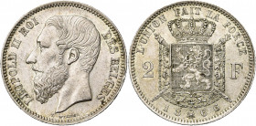 BELGIQUE, Royaume, Léopold II (1865-1909), AR 2 francs, 1866. Type A. Avec croix sur la couronne. Dupriez 1036.
Superbe (Extremely Fine)