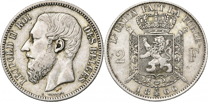 BELGIQUE, Royaume, Léopold II (1865-1909), AR 2 francs, 1866. Type C. Avec quadr...