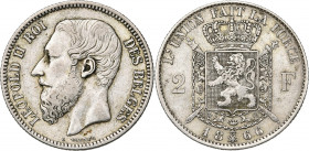 BELGIQUE, Royaume, Léopold II (1865-1909), AR 2 francs, 1866. Type C. Avec quadrillage de l''écu inversé au revers. Dupriez -; Bogaert -. Très rare.
...