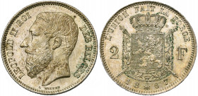 BELGIQUE, Royaume, Léopold II (1865-1909), AR 2 francs, 1867. Type A. Avec croix sur la couronne. Bogaert 1079A. Fines griffes et petites taches de ve...