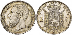 BELGIQUE, Royaume, Léopold II (1865-1909), AR 2 francs, 1867. Type A. Avec croix sur la couronne. Bogaert 1079A. Petite tache au revers.
Superbe (Ext...