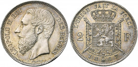BELGIQUE, Royaume, Léopold II (1865-1909), AR 2 francs, 1867. Type A. Avec croix sur la couronne. Bogaert 1079A.
presque Superbe (about Extremely Fin...