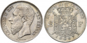 BELGIQUE, Royaume, Léopold II (1865-1909), AR 2 francs, 1867. Type A. Sans croix sur la couronne. Rare Fine griffe et petit coup sur la tranche.
pres...