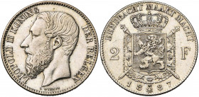 BELGIQUE, Royaume, Léopold II (1865-1909), AR 2 frank, 1887NL. Dupriez 1247. Rare.
 
Très Beau (Very Fine)