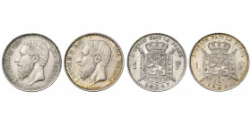 BELGIQUE, Royaume, Léopold II (1865-1909), lot de 2 p.: 1 franc 1867 (griffes au revers) et 1886 (sur 1866)FR.
Superbe et Fleur de Coin (Extremely Fi...