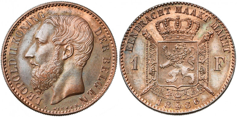 BELGIQUE, Royaume, Léopold II (1865-1909), 1 frank, 1886NL. Refrappe en cuivre. ...