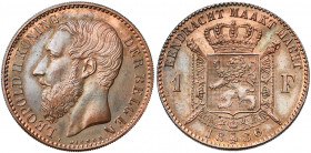 BELGIQUE, Royaume, Léopold II (1865-1909), 1 frank, 1886NL. Refrappe en cuivre. Tranche cannelée. Bogaert 1242B3. Rare.
Superbe (Extremely Fine)