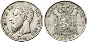 BELGIQUE, Royaume, Léopold II (1865-1909), AR 50 centimes, 1881 sur 1861. Dupriez 1227 var. Rare.
Très Beau (Very Fine )