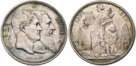 BELGIQUE, Royaume, Léopold II (1865-1909), AR 5 francs, 1880. Cinquantenaire de l''indépendance. 15 rayons à g. de la colonne, touchant le bord. Dupri...