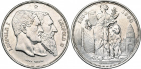 BELGIQUE, Royaume, Léopold II (1865-1909), AR 5 francs, 1880. Cinquantenaire de l''indépendance. 15 rayons à g. de la colonne, touchant le bord. Dupri...
