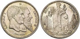 BELGIQUE, Royaume, Léopold II (1865-1909), AR 5 francs, 1880. Cinquantenaire de l''indépendance. 13 rayons à g. de la colonne. Dupriez 1217 var. Petit...